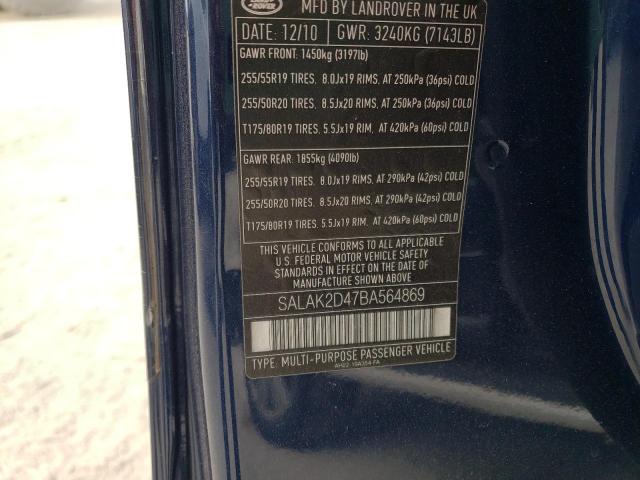 SALAK2D47BA564869 - 2011 LAND ROVER LR4 HSE LU BLUE photo 13