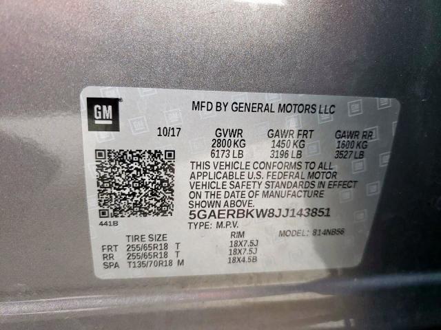 5GAERBKW8JJ143851 - 2018 BUICK ENCLAVE ES GRAY photo 10