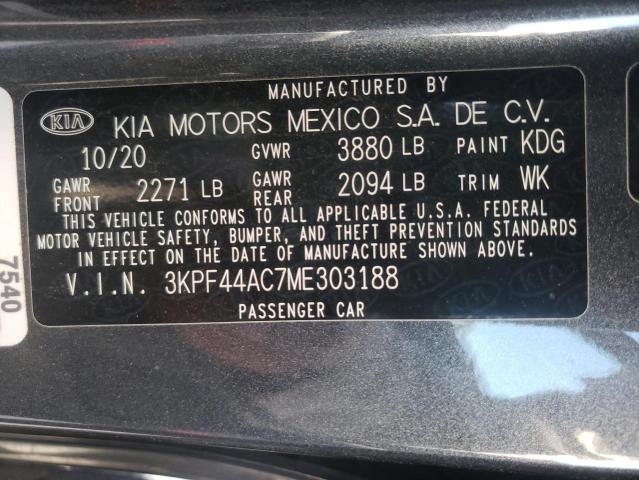 3KPF44AC7ME303188 - 2021 KIA FORTE GT GRAY photo 10