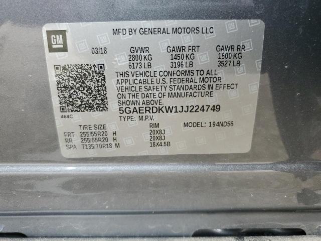 5GAERDKW1JJ224749 - 2018 BUICK ENCLAVE AV GRAY photo 13