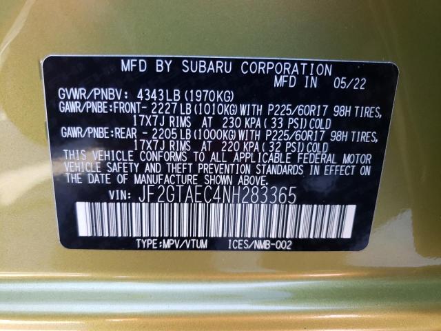 JF2GTAEC4NH283365 - 2022 SUBARU CROSSTREK GREEN photo 13