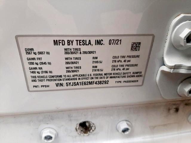 5YJSA1E62MF438292 - 2021 TESLA MODEL S Ağ foto 10