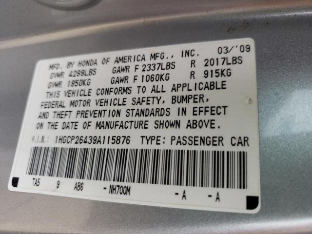 1HGCP26439A115876 - 2009 HONDA ACCORD LXP SILVER photo 10