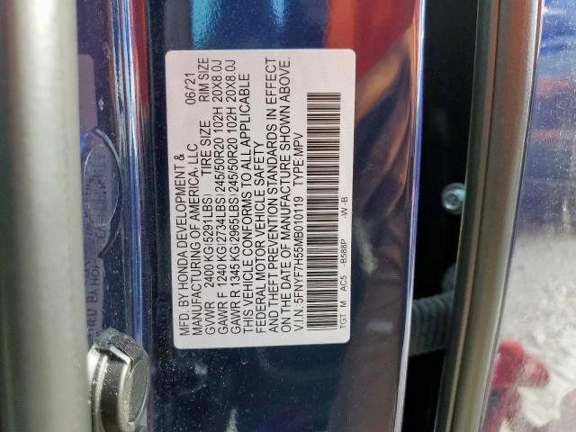 5FNYF7H55MB010119 - 2021 HONDA PASSPORT E 蓝色 照片 10