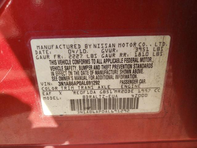 3N1AB6AP0AL691292 - 2010 NISSAN SENTRA RED photo 12