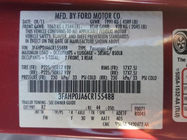 3FAHP0JA6CR155488 - 2012 FORD FUSION SEL RED photo 12