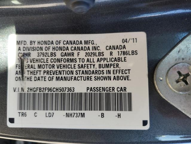 2HGFB2F96CH507363 - 2012 HONDA CIVIC EXL ნაცრისფერი ფოტო 12