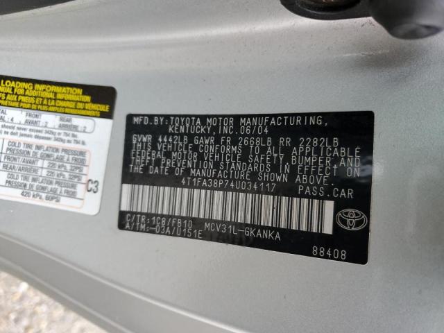 4T1FA38P74U034117 - 2004 TOYOTA CAMRY SOLA SILVER photo 12