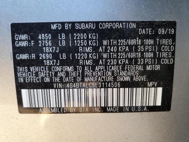 4S4BTALC5L3114506 - 2020 SUBARU OUTBACK LI GRAY photo 13