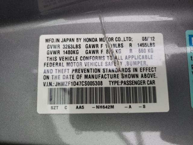 JHMZF1D47CS005308 - 2012 HONDA CR-Z SILVER photo 10