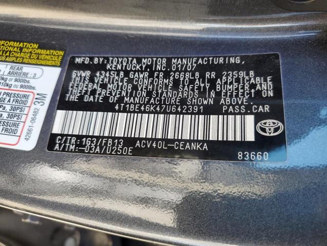 4T1BE46K47U642391 - 2007 TOYOTA CAMRY GRAY photo 12