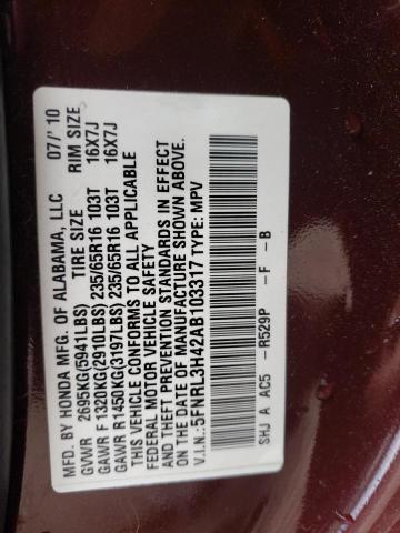 5FNRL3H42AB103317 - 2010 HONDA ODYSSEY EX BURGUNDY photo 13