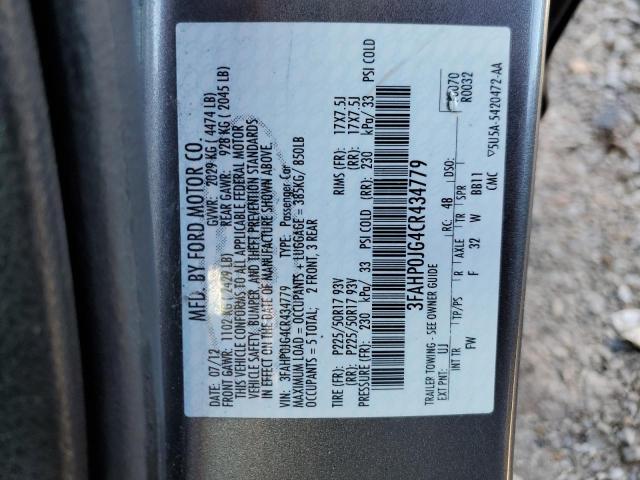 3FAHP0JG4CR434779 - 2012 FORD FUSION SEL GRAY photo 12