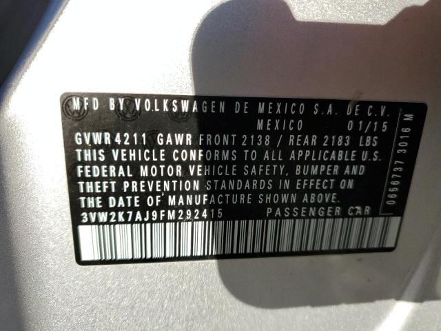 3VW2K7AJ9FM292415 - 2015 VOLKSWAGEN JETTA BASE 银色 照片 12