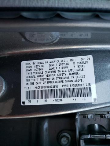 1HGCP36809A042958 - 2009 HONDA ACCORD EXL GRAY photo 12