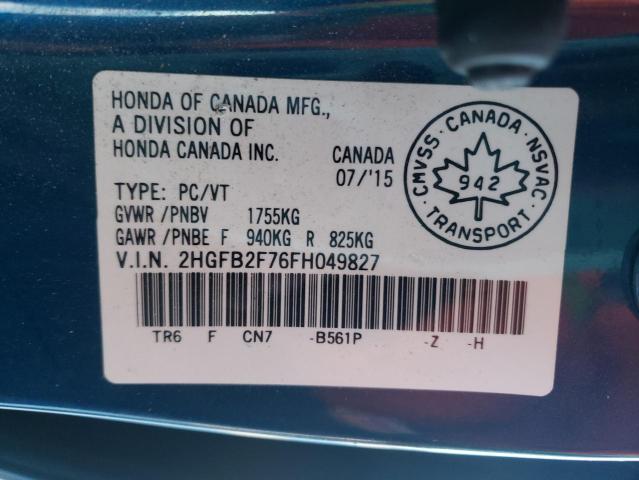 2HGFB2F76FH049827 - 2015 HONDA CIVIC SE BLUE photo 12