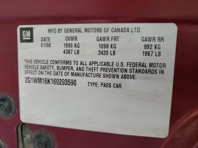 2G1WM16K169293590 - 2006 CHEVROLET MONTE CARL 勃艮第红 照片 12