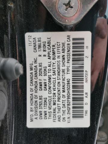 2HGFB2F99DH502840 - 2013 HONDA CIVIC EXL 黑色 照片 12