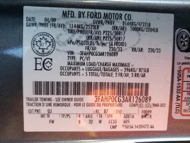 3FAHP0CG3AR126089 - 2010 FORD FUSION SEL GRAY photo 12