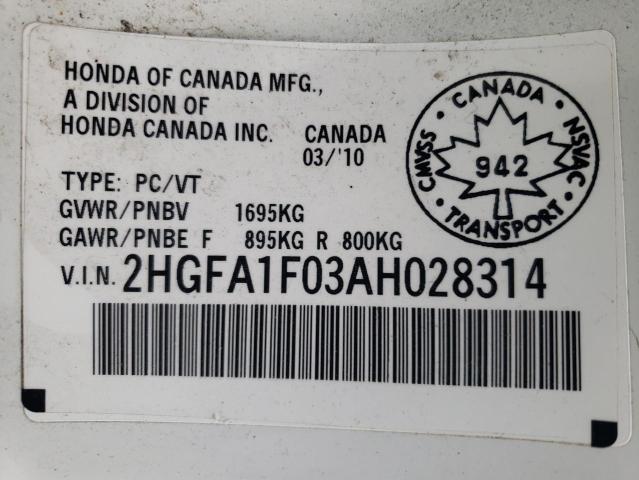 2HGFA1F03AH028314 - 2010 HONDA CIVIC EXL Ağ foto 12