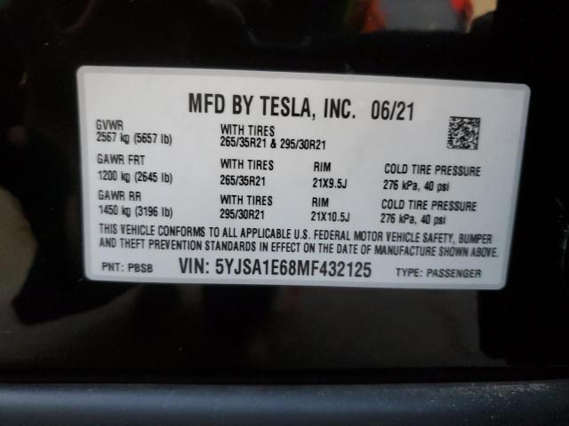 5YJSA1E68MF432125 - 2021 TESLA MODEL S Qara foto 12
