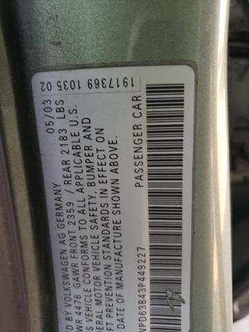 WVWPD63B43P449227 - 2003 VOLKSWAGEN PASSAT GLS GREEN photo 12