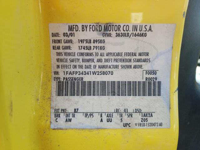 1FAFP34341W258070 - 2001 FORD FOCUS YELLOW photo 12