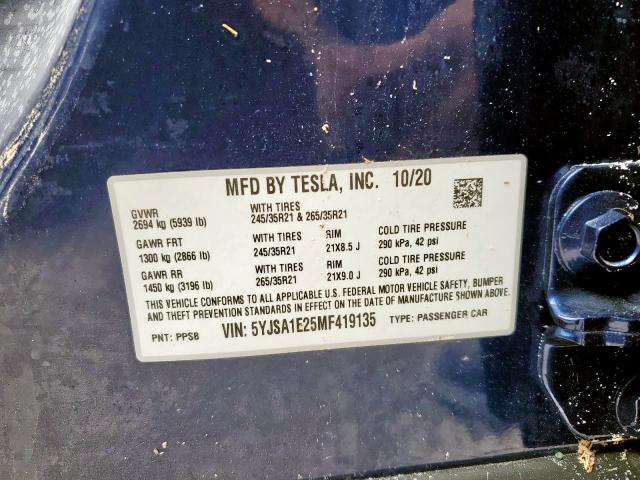 5YJSA1E25MF419135 - 2021 TESLA MODEL S Mavi foto 10