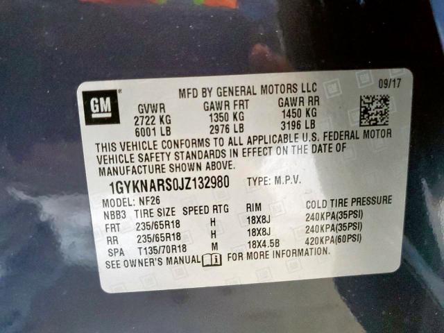 1GYKNARS0JZ132980 - 2018 CADILLAC XT5 BLUE photo 10