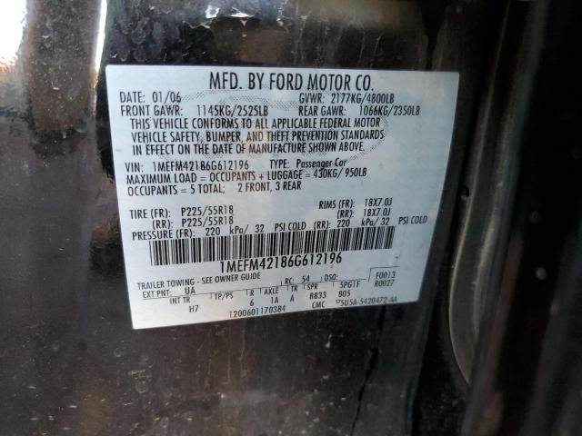 1MEFM42186G612196 - 2006 MERCURY MONTEGO PR შავი ფოტო 12