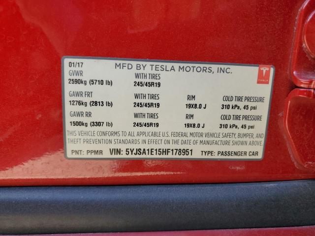 5YJSA1E15HF178951 - 2017 TESLA MODEL S წითელი ფოტო 12
