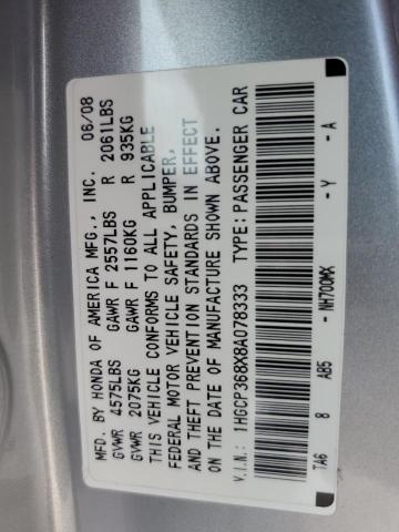 1HGCP368X8A078333 - 2008 HONDA ACCORD EXL SILVER photo 12