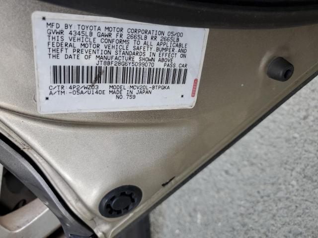 JT8BF28G6Y5099070 - 2000 LEXUS ES 300 TAN photo 12