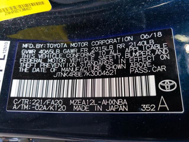 JTNK4RBE7K3004621 - 2019 TOYOTA COROLLA SE BLUE photo 12