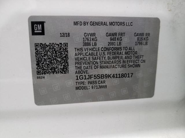 1G1JF5SB9K4118017 - 2019 CHEVROLET SONIC PREM WHITE photo 12