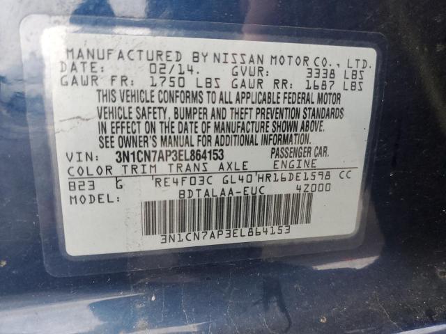 3N1CN7AP3EL864153 - 2014 NISSAN VERSA BLUE photo 12