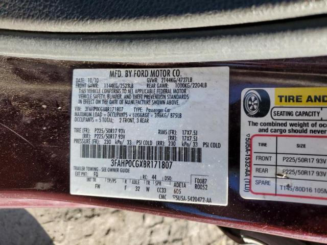 3FAHP0CGXBR171807 - 2011 FORD FUSION SEL BURGUNDY photo 12