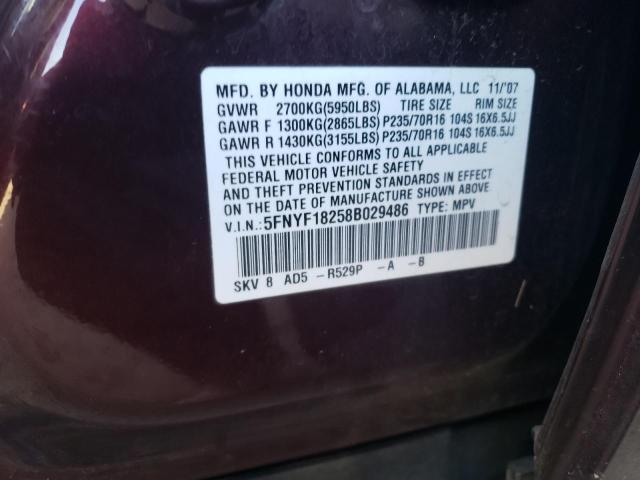 5FNYF18258B029486 - 2008 HONDA PILOT VP BURGUNDY photo 13