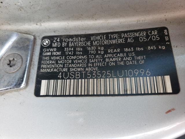 4USBT53525LU10996 - 2005 BMW Z4 3.0 SILVER photo 10