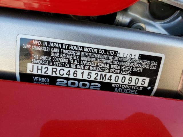 JH2RC46152M400905 - 2002 HONDA VFR800 RED photo 10