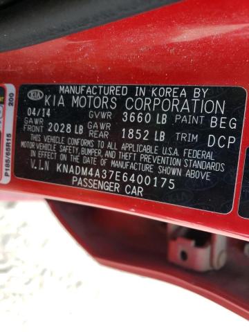 KNADM4A37E6400175 - 2014 KIA RIO LX RED photo 12