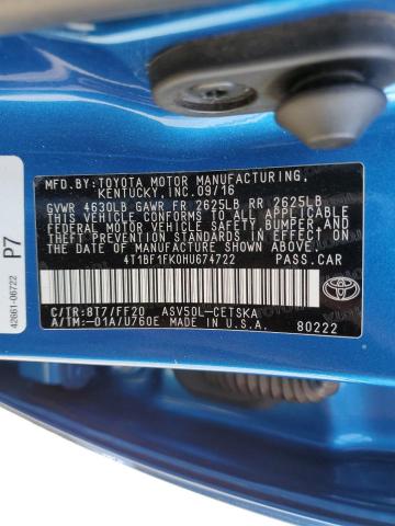 4T1BF1FK0HU674722 - 2017 TOYOTA CAMRY LE BLUE photo 12