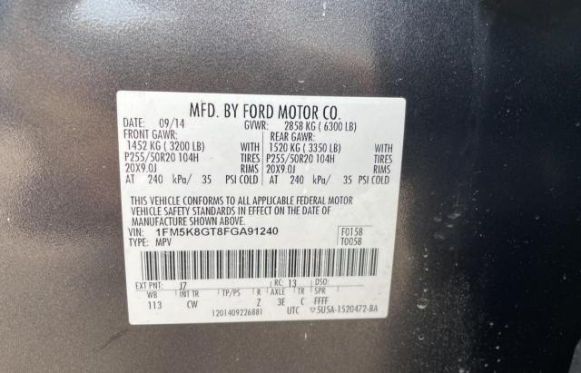 1FM5K8GT8FGA91240 - 2015 FORD EXPLORER S GRAY photo 10