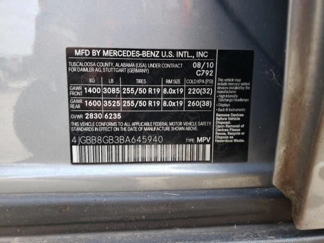 4JGBB8GB3BA645940 - 2011 MERCEDES-BENZ ML 350 4MA GRAY photo 13