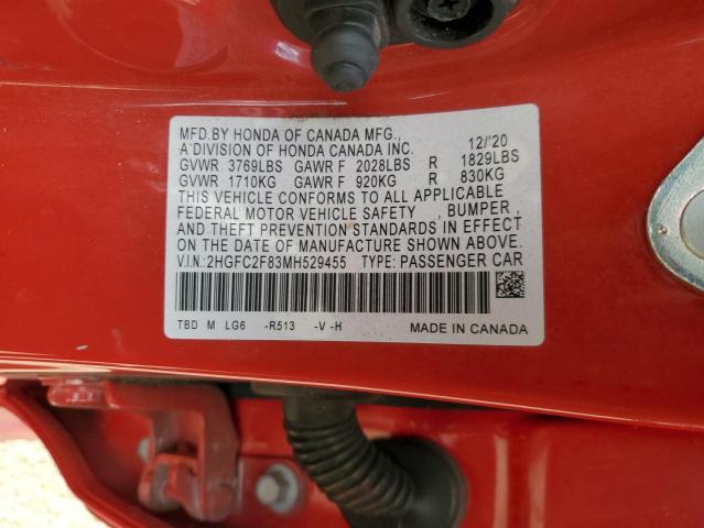 2HGFC2F83MH529455 - 2021 HONDA CIVIC SPOR 红色 照片 12
