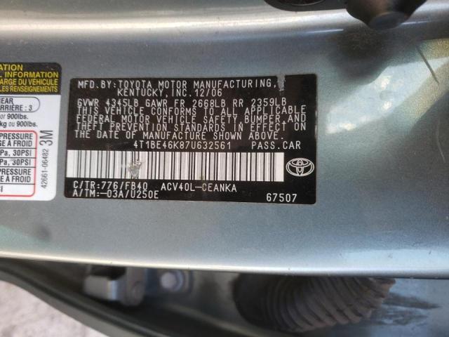 4T1BE46K87U632561 - 2007 TOYOTA CAMRY CE TEAL photo 10