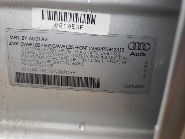 WAUAF78E16A202065 - 2006 AUDI A4 2 TURBO SILVER photo 12