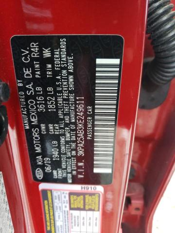 3KPA25AB3KE249611 - 2019 KIA RIO S RED photo 13