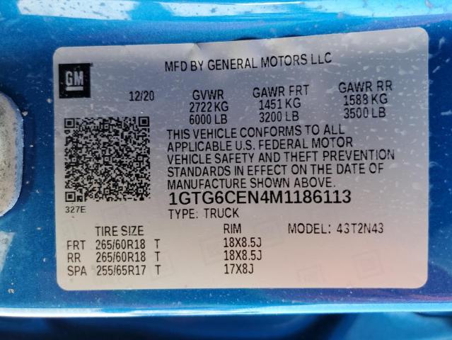 1GTG6CEN4M1186113 - 2021 GMC CANYON ELE BLUE photo 12