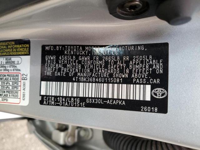 4T1BK36B46U115081 - 2006 TOYOTA UK SILVER photo 12